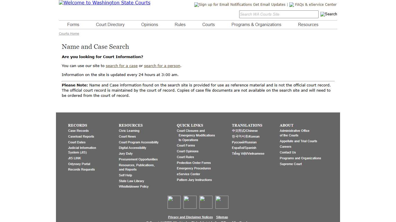 Washington State Courts Name and Case Search