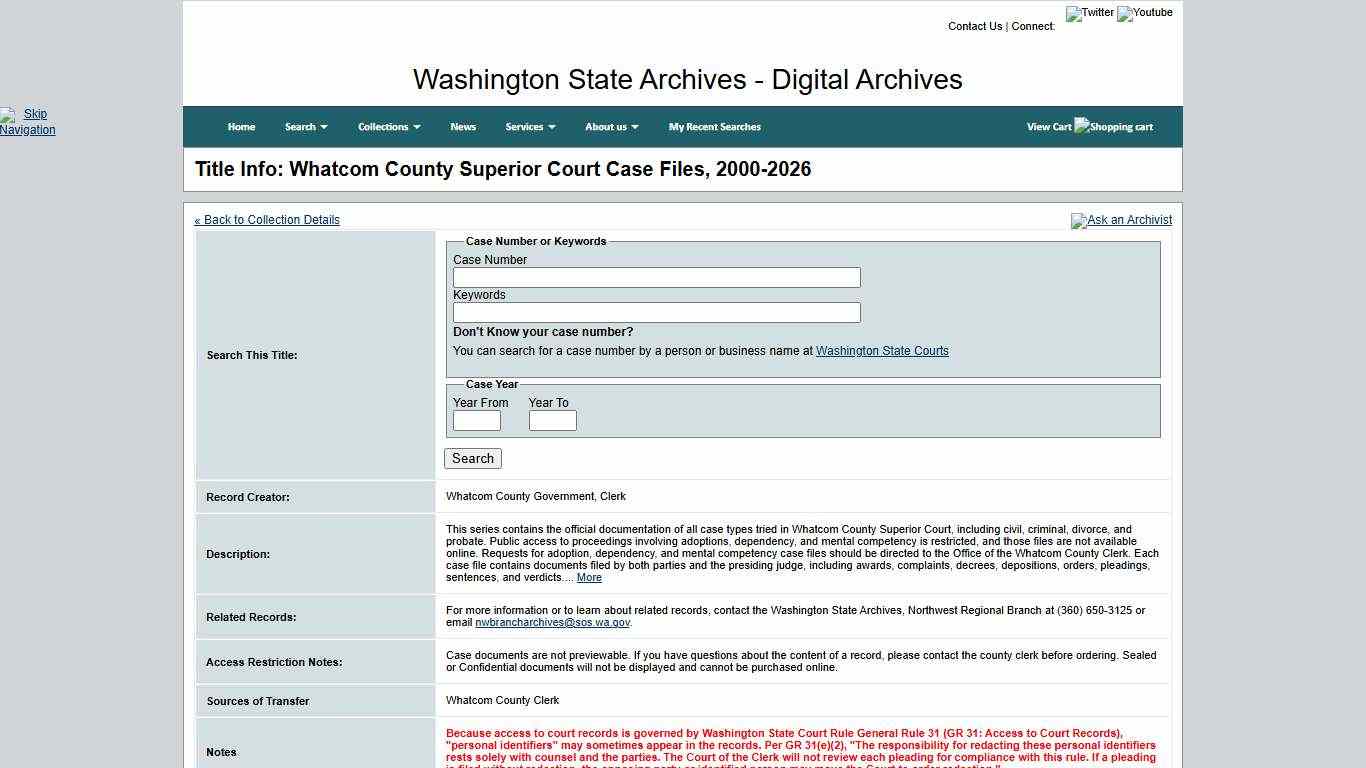 Washington State Archives, Digital Archives - Title Info: Whatcom County Superior Court Case Files, 2000-2026